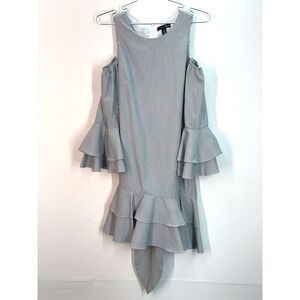 Aqua Blue White Striped Cold‎ Shoulder Ruffle Tie Back Dress